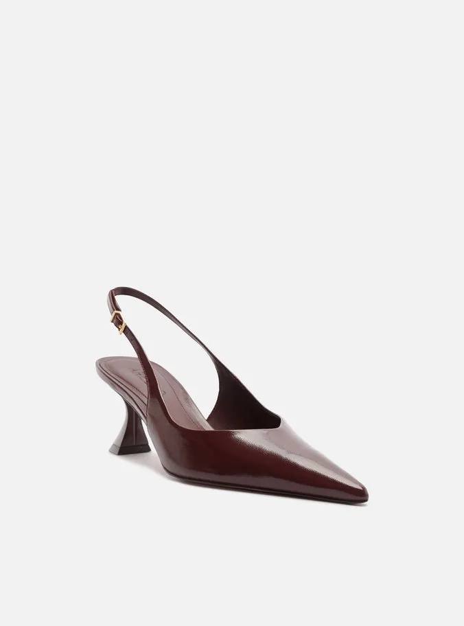 Scarpin Marrom Couro Salto Geométrico Slingback