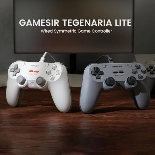 Controle GameSir Tegenaria Lite com Fio para Switch, PC, Android, iOS e Steam, Design Retrô Anos 90, Hall Effect Anti-Drift, 1000Hz Polling Rate, Baixa Latência, Botões Programáveis, Vibração Dupla - Cinza Retrô