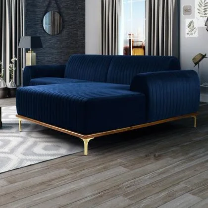 Sofá 350cm 6 Lugares com Chaise Direito Pés Gold Molino B-304 Veludo Azul Marinho - Domi