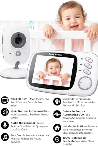 Babá Eletrônica Câmera para Bebês com Tela de 3.2" Visão Noturna 10M Infravermelha Monitoramento Temperatura, Áudio Bidirecional, Detecção de Som VOX, Modo Soneca Contem Visão Noturna Canção de Ninar