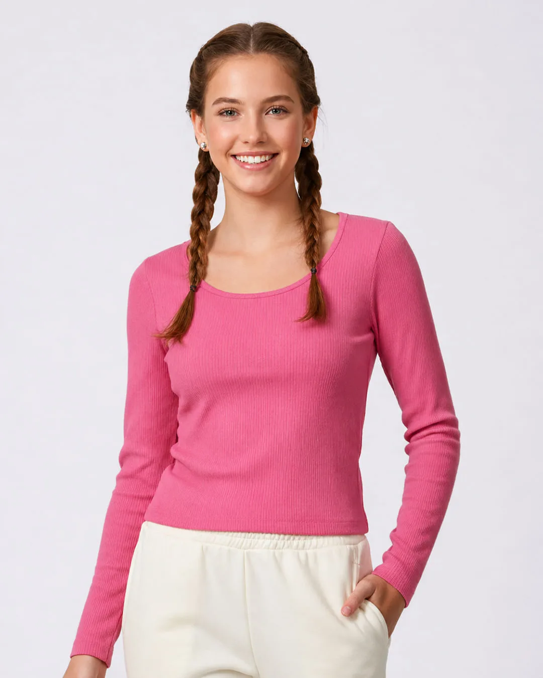 Blusa Juvenil Cropped Sem Costura Canelada Manga Longa Rosa