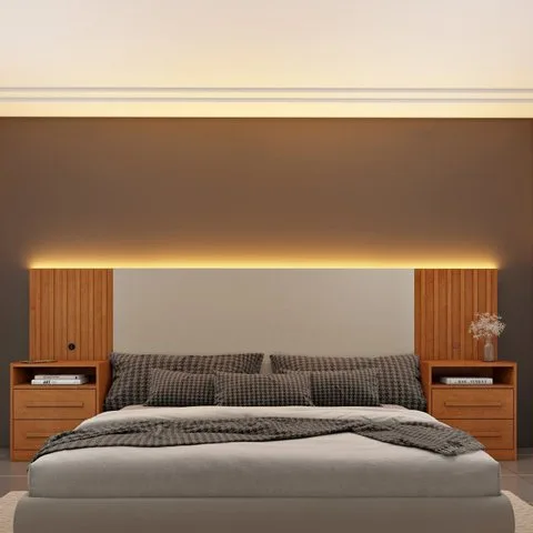 Cabeceira Box Casal/Queen Ripado com LED e 4 Gavetas 246cm x 108cm Espresso Móveis