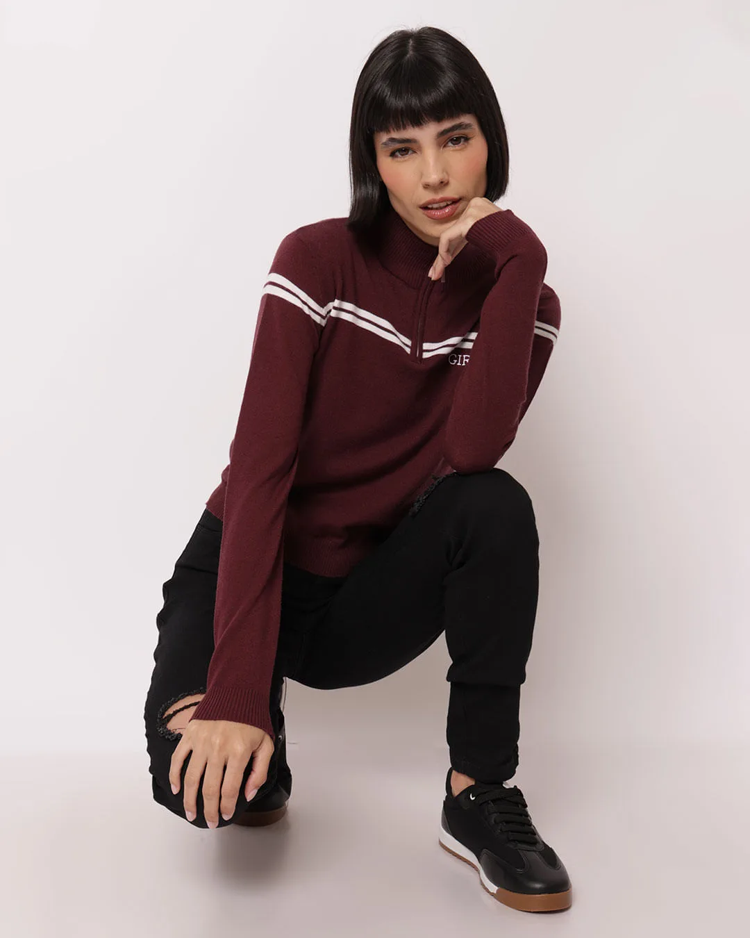 Suéter Feminino Tricô com Zíper Bordado Girls Vinho