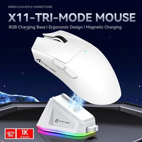 ATTACK SHARK X11 Mouse para jogos com dock de carregamento magnético, sensor para jogos PixArt PAW3311, para sem fio/com fio BT/2.4G, 22000 DPI, mouses de escritório para jogos para Win11/Xbox(branco)