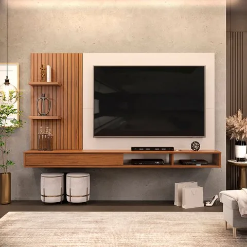 Painel para Tv até 60 Polegadas Ripado com Nichos Dj Móveis Bento Freijó Off White