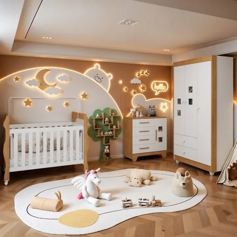 Quarto de Bebê Completo com Cômoda, Berço e Guarda Roupas Mila