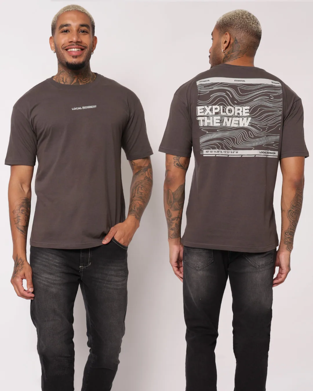 Camiseta Masculina Algodão Estampa Frente e Costas Cinza