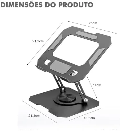 Suporte para Notebook de até 17” em Aço Carbono, Ajustável, Dobrável, Base Giratória 360° e Ventilação, Ergonômico e Portátil para Home Office e escritório, também para tablets e celulares (Branco)