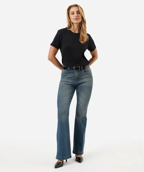 calça jeans flare cintura alta azul