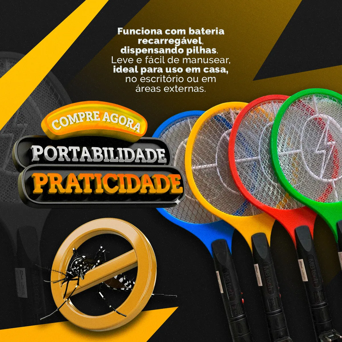 Kit 3 Raquete Elétrica Mata Mosquito Mosca Pernilongo Dengue Insetos Bateria Recarregavel Bivolt - Crowley