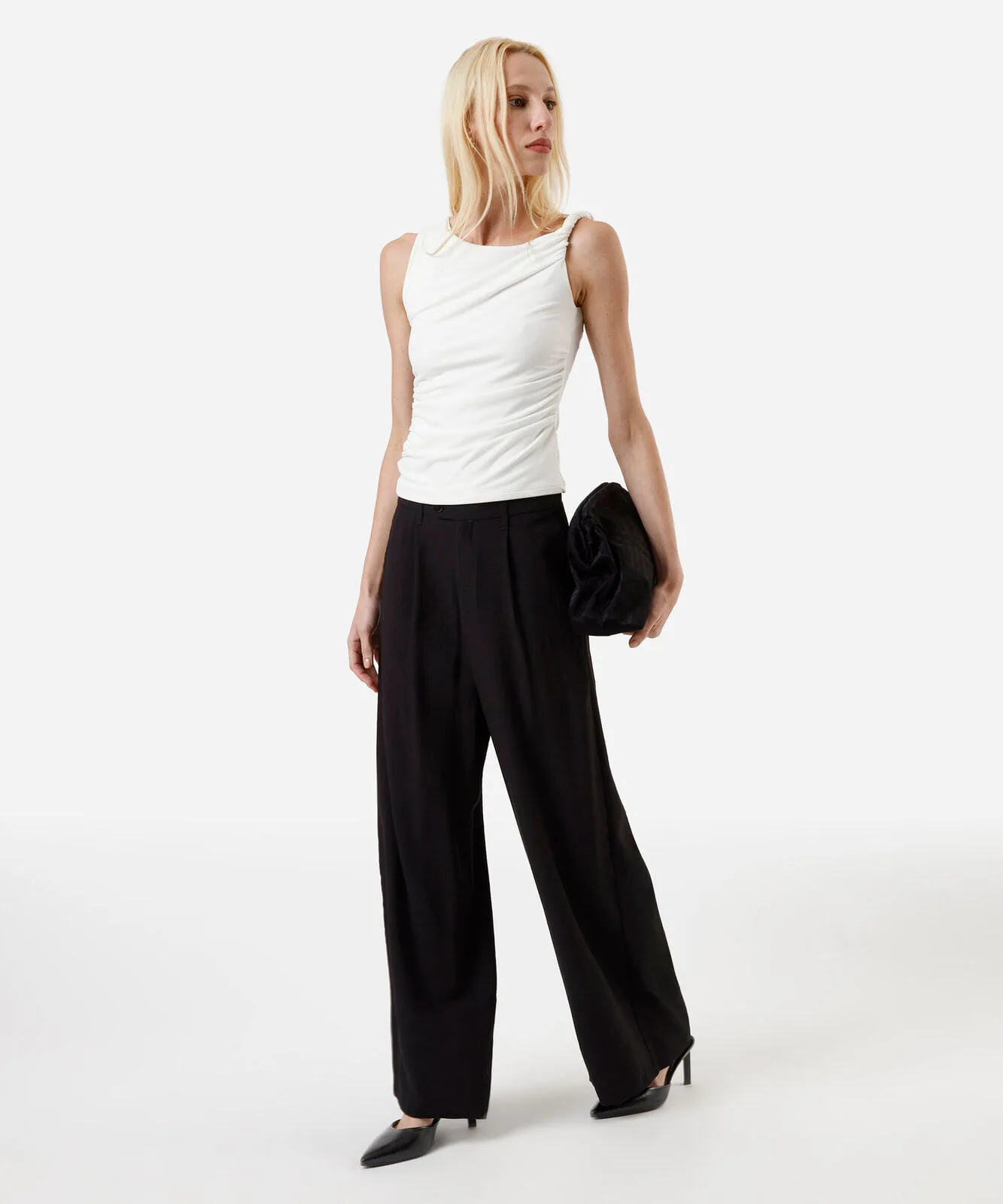 calça wide leg feminina com viscose cós elástico preta