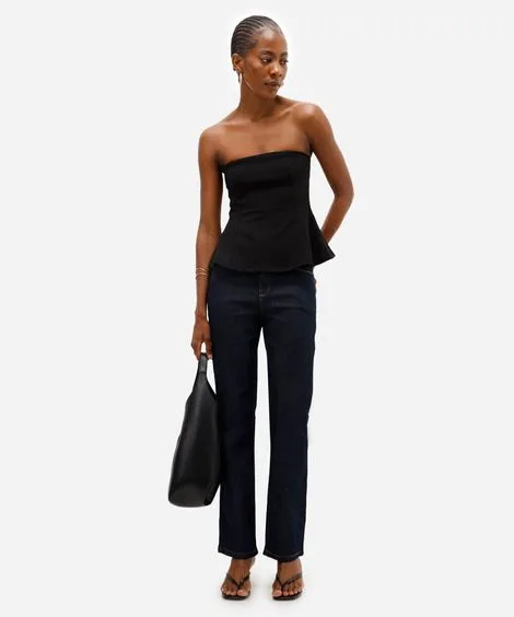 calça jeans básica reta cintura média azul escuro - jeans amaciado