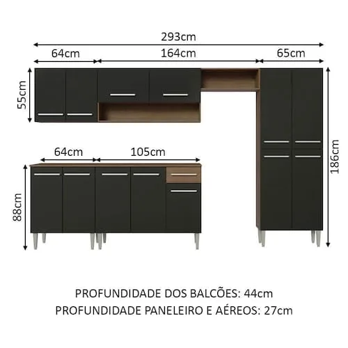 Cozinha Completa Madesa Emilly 293001 com Armário e Balcão - Rustic/Preto