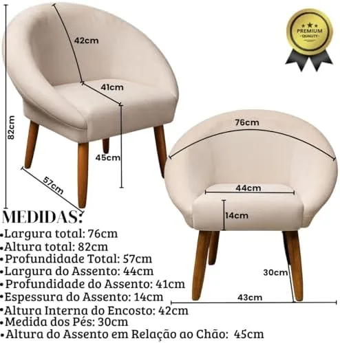 Kit 2 Poltronas Cadeira Decorativa para Sala de Espera Elegante Recepção Pés Palito MOBLAN decor (Bege)