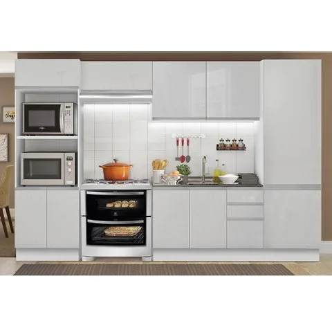 Armário de Cozinha Completa 100% MDF 330cm Frentes Branco Brilho Acordes Madesa XA02