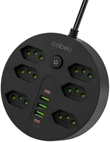 Extensão Tomada, Régua Tomada, Régua de Energia, 6 Tomadas, 3 Interfaces USB, 2 Porta USB Tipo-C, Cabo de Alimentação de 1,9 metros, Suporte a Tensão de 110-220V, Potência de 2500W, Preto