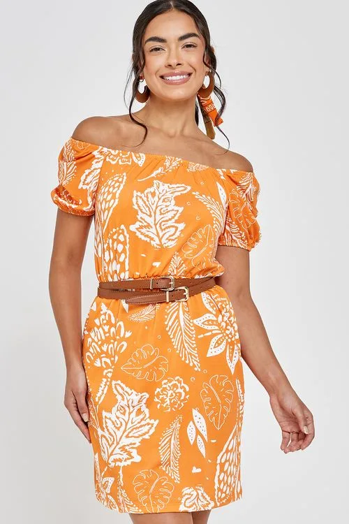 Vestido Ombro a Ombro Feminino Laranja Estampa Tropical