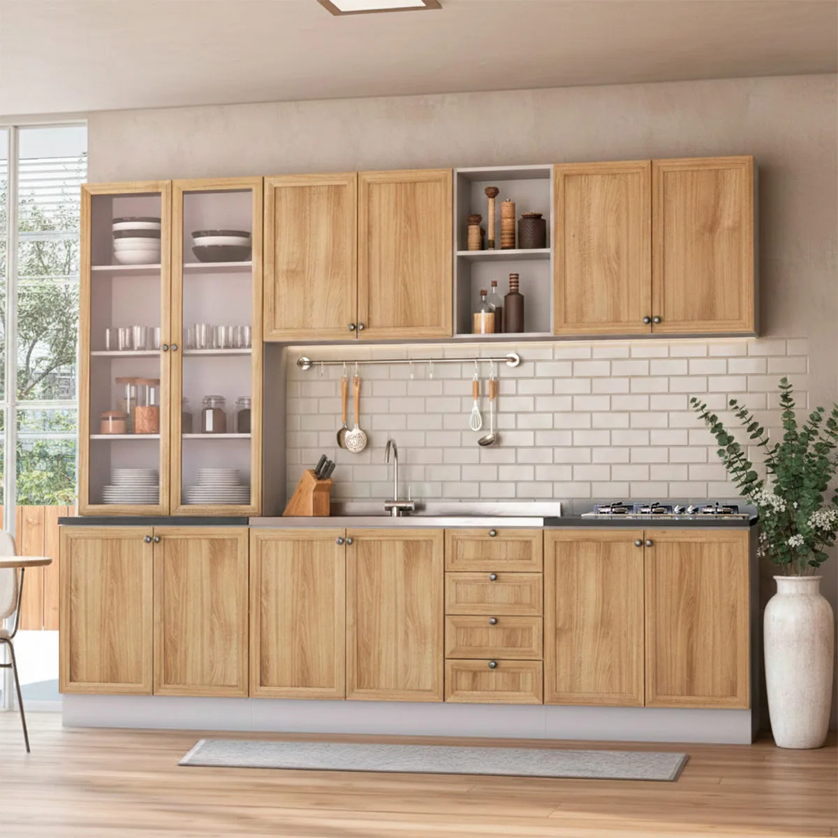 Armário de Cozinha Completo Ditália Berlim 7 Peças Carvalho/Branco B7