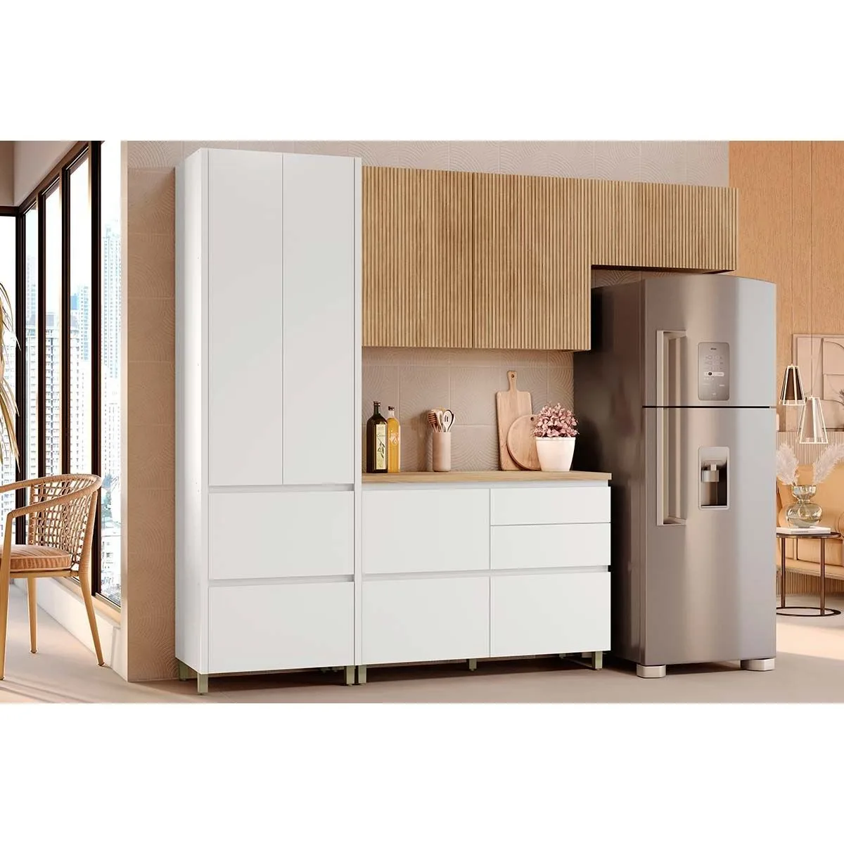 Kit de Cozinha Completa 4 Peças Rainha (2Aéreos+1Balcão+1Paneleiro) C4P158 Branca/Nature - Nesher