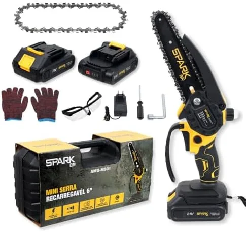Mini Motosserra Elétrica SparkBR 6" Recarregável 21V 2 Baterias Maleta Corrente Extra Lubrificação LEDIndicador Trava Segurança Acessórios