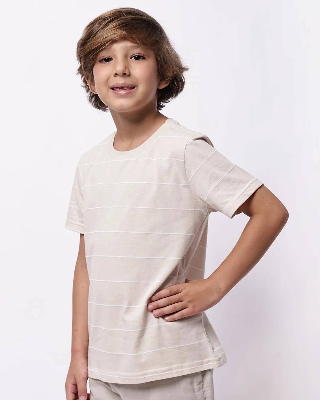 Camiseta Infantil Listrada Manga Curta Bege