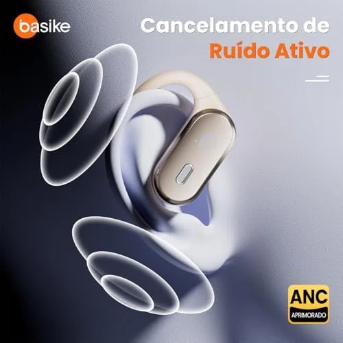Basike Fone de Ouvido Bluetooth 5.4 Open-Ear, TWS Som Estéreo Hi-Fi, ANC e Modo Transparência, Suporta Chamadas de Voz, Toque Inteligente, Compatível com Android e iOS – Bege Claro