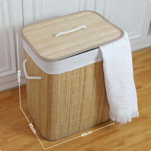 Cesto De Roupa Suja com Alças Em Bambu Com Tampa Forrado Banheiro Lavanderia Quarto