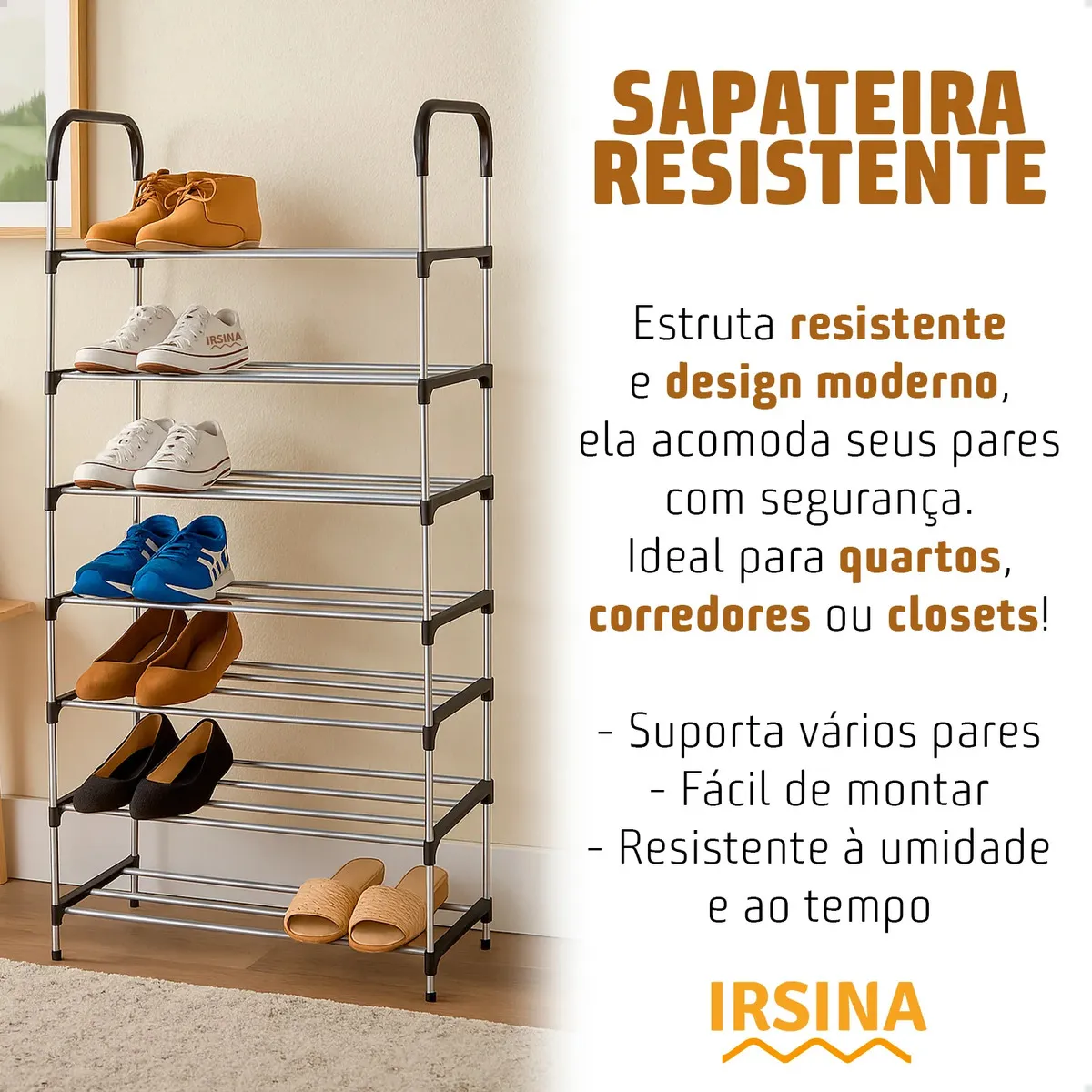 Sapateira Vertical IRSINA 7 Andares Aço Inox 21 Pares Cor Preto