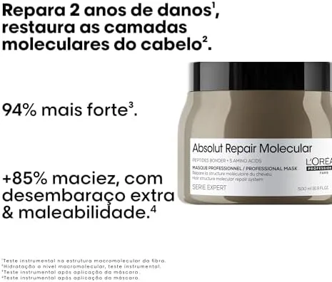 L'Oréal Professionnel Máscara Absolut Repair Molecular, Repara os Danos & Recupera a Força, Maciez & Desembaraço, Para cabelos danificados e muito danificados