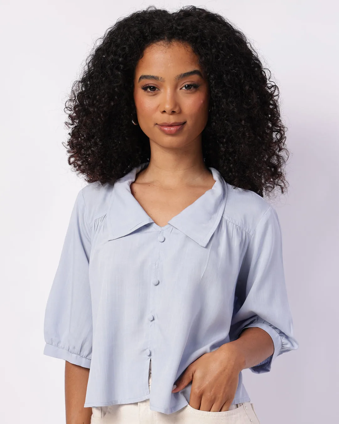 Camisa Feminina Cropped Viscose Manga 7/8 Azul