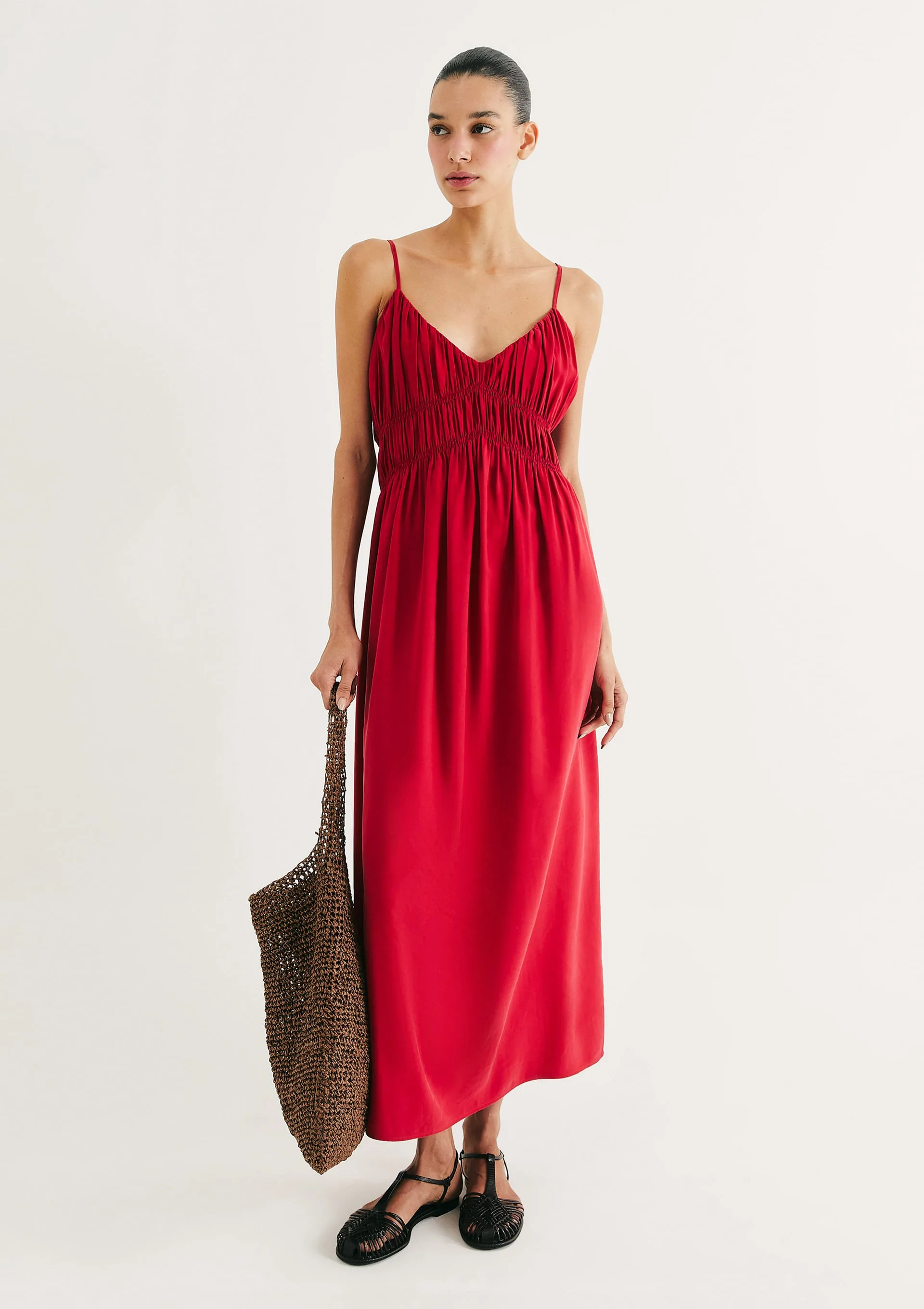 Vestido Longo Em Peach Touch - Vermelho