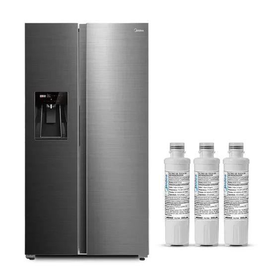 Kit Geladeira Side by Side 570L Dispenser Água e Gelo Inverter cor Inox + 3 Filtro de Água para Geladeira Midea - 2208