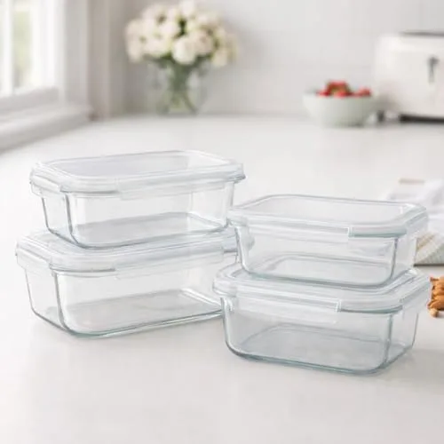 Kit 10 Potes de Vidro Herméticos 640ml Retangular - Refratário Borossilicato para Forno, Freezer e Micro-ondas - Marmita Livre de BPA - Tampa com Trava (Kit 4 Potes)