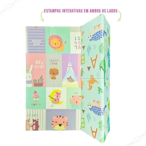 Tapete de Atividades Infantil Tatame Portátil dos Bebês e Crianças, Dupla Face, Dobrável, Macio, Gigante - Fácil de Guardar (BICHOS)