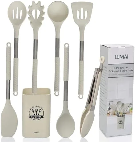 LUMAI Kit 8 Utensílios de Cozinha Grandes em Silicone e Aço Inox, Resistentes ao Calor, Antiderrapantes e Antirriscos, Acessórios de Cozinha Espátula, Colher, Pegador de Massa, Concha e Mais – Bege