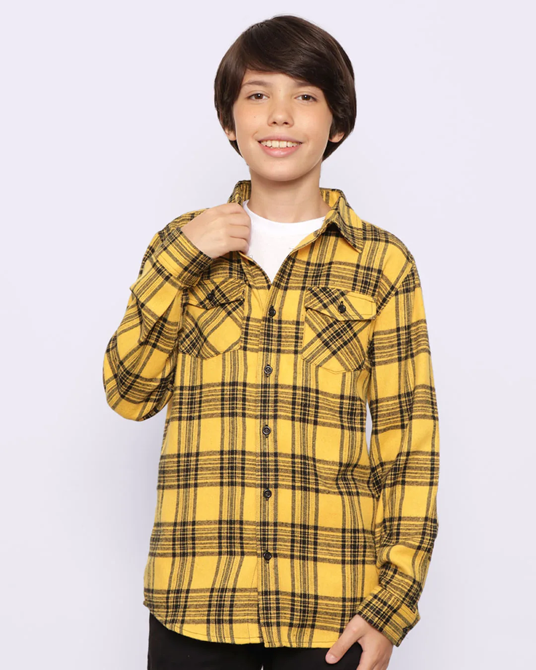 Camisa Juvenil Manga Longa Flanelada Xadrez Mostarda