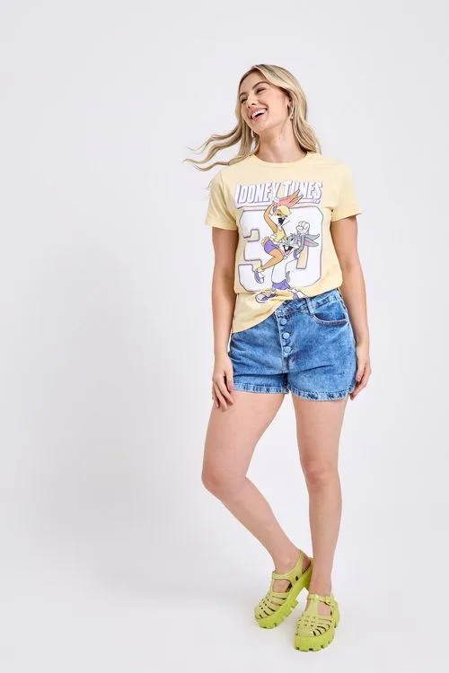 Short Jeans Hot Pant Feminino Azul Médio Abotoamento Assimétrico