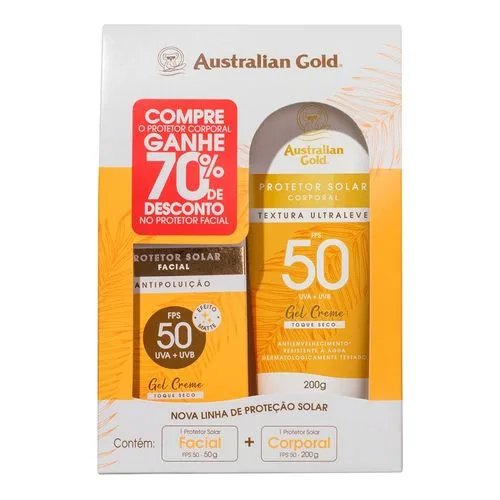 Kit Protetor Solar Corporal Australian Gold FPS50 200g + Protetor Solar Facial FPS50 50g - Drogarias Pacheco