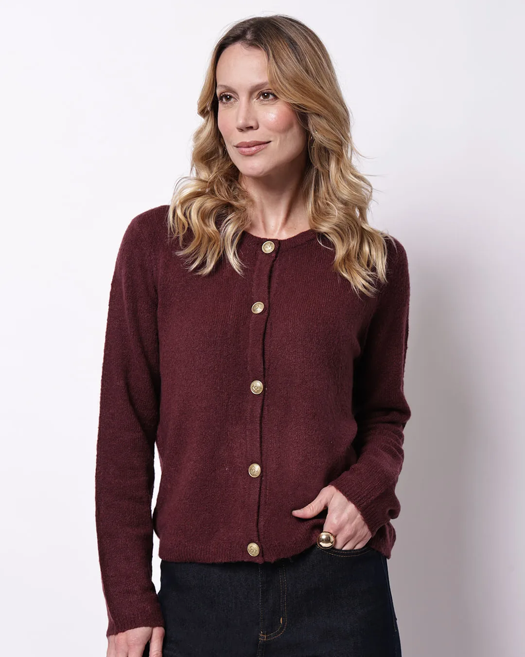 Cardigan Feminino Tricô com Botões Frontais Vinho