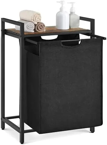 Cesto de lavanderia da VASAGLE, cesto de roupa suja, classificador de roupas com um saco removível, prateleira, armação de metal, 65 L, 50 x 33 x 72 cm, preto e marrom rústico UBLH101B01