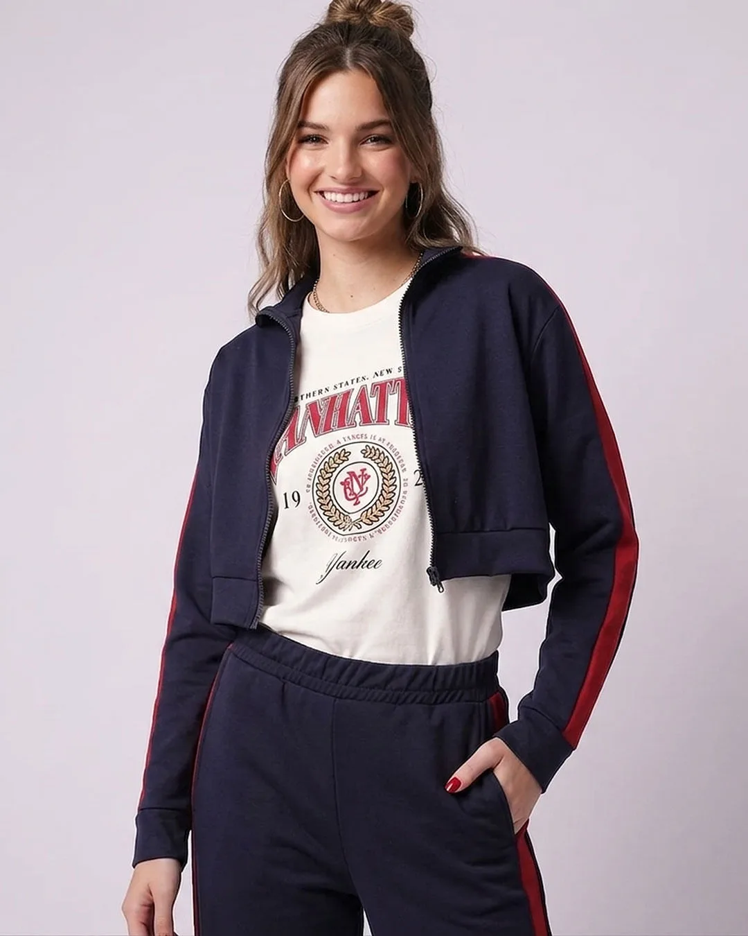 Jaqueta Feminina Cropped Recortes Marinho