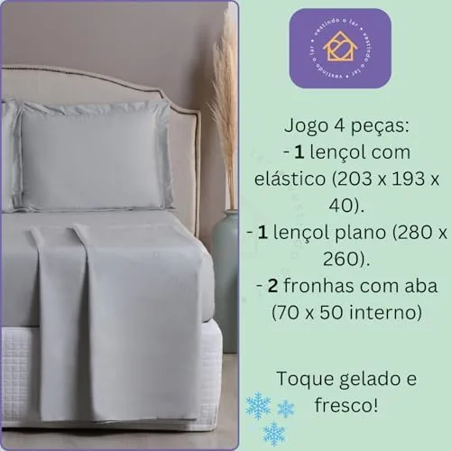 Jogo de Cama 1000 Fios Algodão Egípcio Toque Gelado, Solteiro/Casal/Queen/King, Fronhas com Aba (Cinza, King 4 Peças)