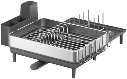 SONGMICS Escorredor de Louça, Escorredor Extensível para Cozinha, Aço Inoxidável, com Bico Extensível, Suportes para Utensílios, Copos e Tábuas de Corte, Prata e Cinza e BRKCS037G01V1