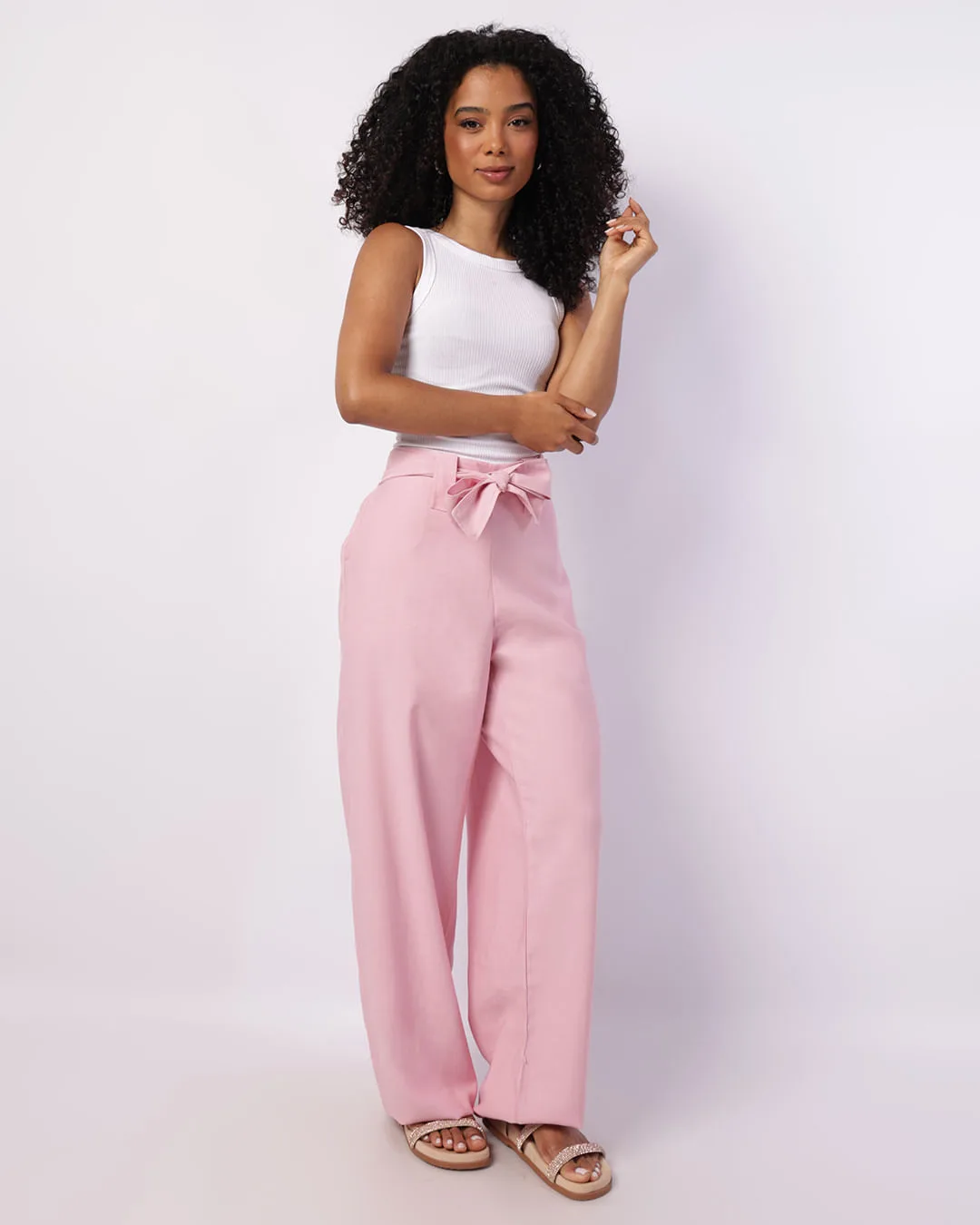 Calça Feminina Pantalona Viscose com Bolsos Laço Rosa