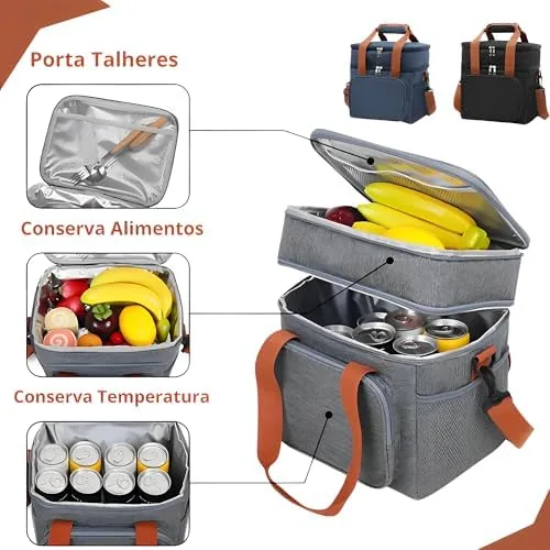 Bolsa Térmica Grande Espaçosa Dois Compartimentos Lancheira Para Marmita, Passeio, Escola, Faculdade, Trabalho Bolsa Para Marmita (Preto)
