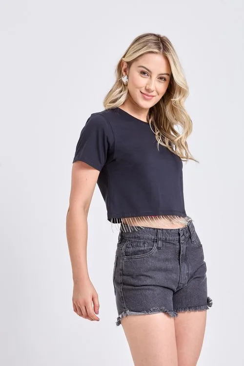 Blusa Cropped Feminina Preta com Franjas de Strass