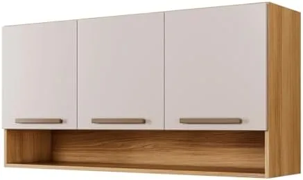 Armário Aéreo Suspenso Multiuso de Parede 3 Portas Plus (Off White/Cinamomo)