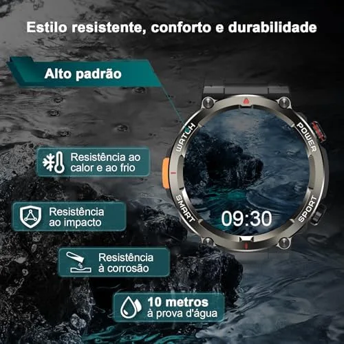 Smartwatch Militar Masculino,Relógio Inteligente com Chamadas,Tela HD de 1.45",2 Alças,100+ Modos Esportivos,Resistente à Água e Compatível com iOS e Android
