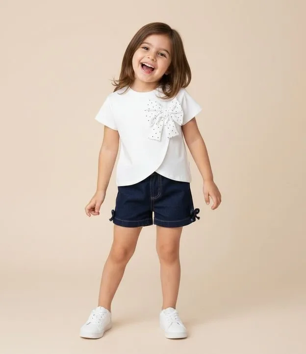 Blusa Infantil com Laço Poá Aplicado - Tam 1 a 6 Anos