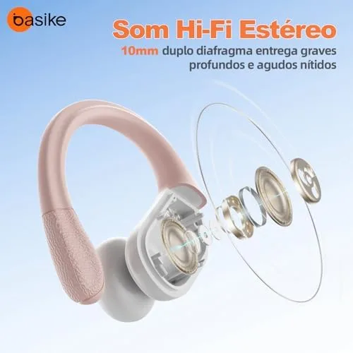 Basike Fone de Ouvido Bluetooth 6.0 TWS Esportivo, Som Hi-Fi Estéreo, Microfone com ENC, Toque Sensível, IPX5 à Prova d’Água para Corrida e Exercícios – Ouro Rosa
